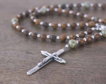 Small Gemstone Catholic Rosary, 5 decade Pocket Rosary, Brown Silver Green, Heirloom Quality (154R)