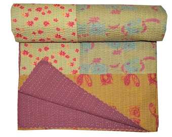 Indian Vinatge Kantha Quilt, Patchwork Quilt , Blanket, Bed spread, Coverlet, Floral Throw, Handmade Cotton Kantha Bed-cover, 90x108 inch