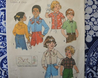 vintage 1970s simplicity sewing pattern 7685 childs shirt with embroidery transfer size 3-4