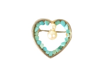 Vintage Gold Toned Turquoise and Pearl Heart Shaped Pin