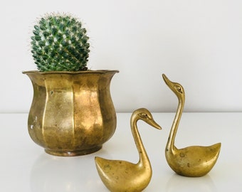 Vintage Brass Swan Figurines Set of (2) Small Brass Swan Statues Brass Ring Holder