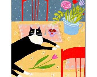 LARGE original cat painting TUXEDO cat on table with tulip Original cat folk art big painting black cat pet portrait by Tascha 20x16