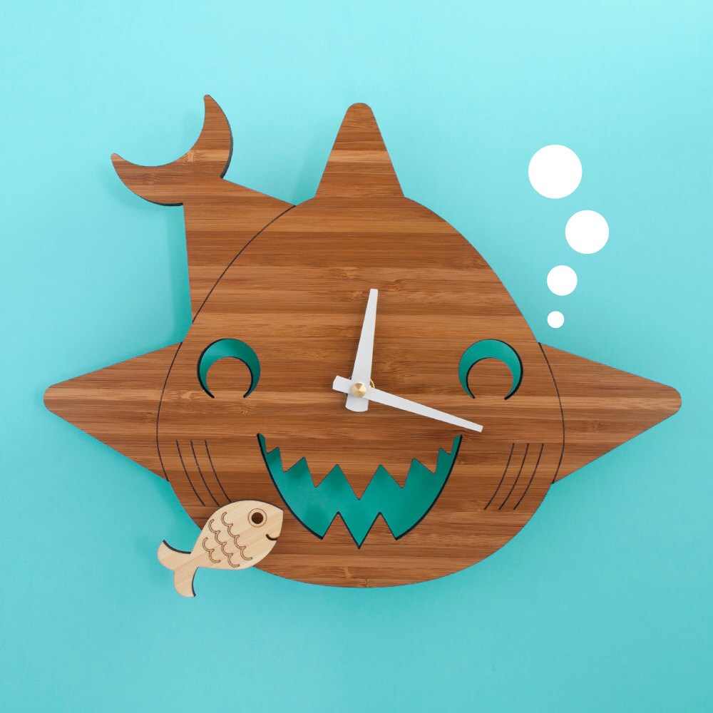 Bamboo Happy Shark Clock Wooden Kids Wall Clock Ocean Nursery