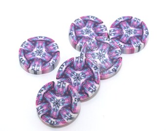Colorful Kaleidoscope beads for jewelry making, in violet to white ombre round flat beads, Polymer clay beads, set of 6 millefiori beads