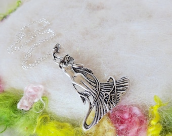 Goddess Necklace Silver Fairy Pendant Vintage Ocean Inspired Detail Pendant Enchanting Goddess Silver Chain Whimsical Jewelry Retro