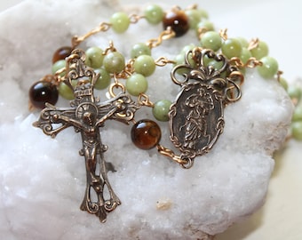 Catholic Our Lady Undoer of Knots Rosary in Solid Bronze with Green Garnet, Tiger Eye--Semi-Precious Catholic Rosary--Handmade