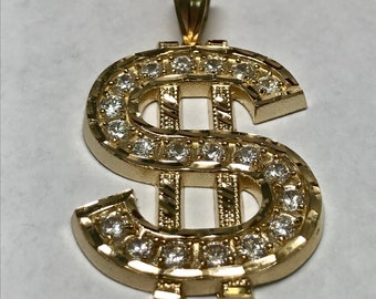 10 K Yellow Gold Simulated Diamond Three Dimensional Money Sign