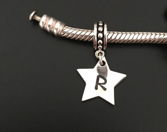 Personalised star charm. Sterling Silver initial charm. Personalised pandora charm. European Bracelet charm. Star charm. Personalised charm