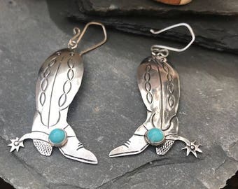 Vintage Sterling Silver and Turquoise Cowboy Boot Earrings