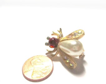 Vintage Bee Scatter Pin Red Cabochon Pearl AB Rhinestones