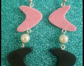 Rockabilly Pinup Girl Boomerang Starburst Tiki Flake Lucite Euro Wire Dangle Earrings Handmade