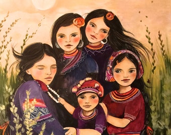 Mother and children hmong inspired art print