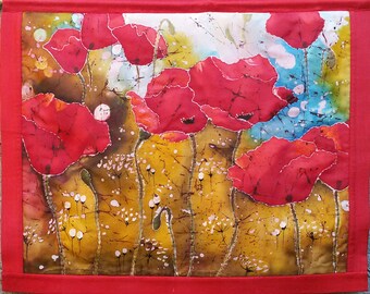 Red poppies, batik panel, quilted panel, batik art, silk painting, art paintings flowers, wall decoration.
