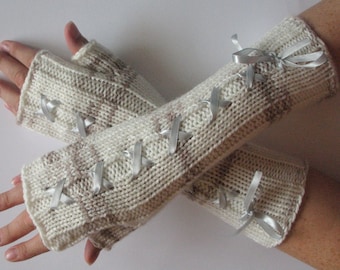 Corset Fingerless Gloves Mittens Beige Brown White Arm Warmers Acrylic