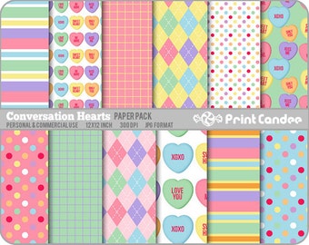70% OFF SALE! - Valentines Conversation Hearts Paper Pack (12 Sheets) - Personal and Commercial Use - valentines day candy hearts