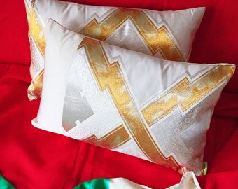 Cream Silk Obi Cushion, Gold Silver Kimono Pillow, Metallic Accent Pillow, Upcycled Japanese Obi 12x18" Rectangular Ltd Ed ECO FRIENDLY Rare