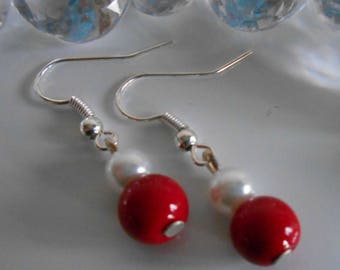 Duo of passion red and white pearls wedding earrings
