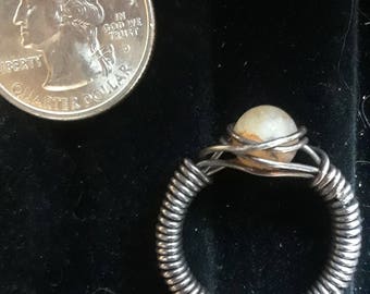 Translucent Lace Agate and Oxidized Sterling Silver Wire Wrap Ring