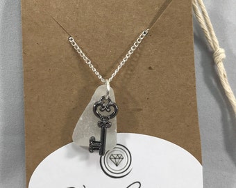 vintage key necklace / sea glass necklace / authentic sea glass jewelry / beach glass necklace / seaglass necklace