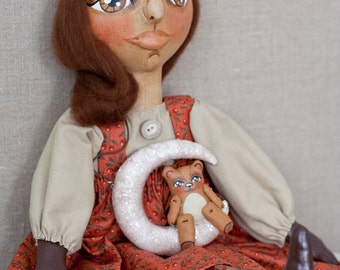 Sweet, One of a Kind, Numbered Folk Art Doll in Red with Teddy Bear sitting on White Glittery Crescent Moon Soft Sculpture