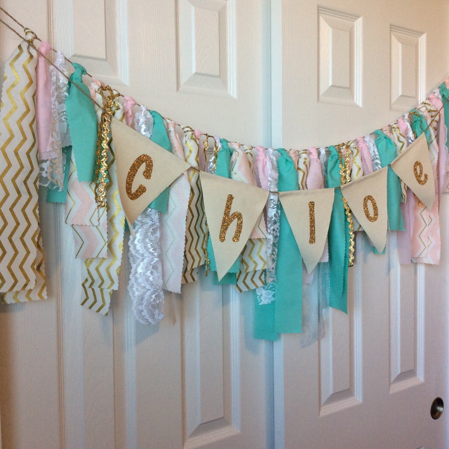 Personalized Fabric Bunting Banner in Pink Mint & Gold