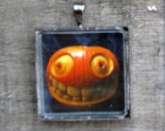 Scary Pumpkin Necklace Carved Pumpkin Emoticon on 24 Inch Silver Ball Chain
