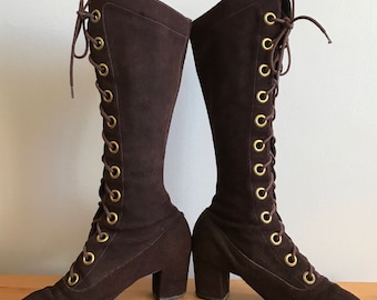 1960s Knee High, Dark Brown Suede Lace Up Boots, Gold Grommets, Victorian Revival,US Size 6