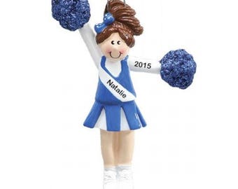 Personalized Blue Brunette Cheerleader with pom poms Christmas Ornament- Free Personalization