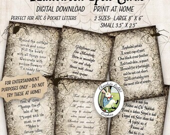 Halloween Witch Spell Tags Cards Clip Art Primitive Digital Download Vintage Style Printable Spells Halloween Decor Party Favors Sheet