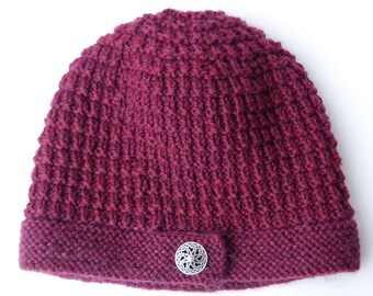 Button brim hat, knit wool hat, maroon knit beanie, knit burgundy hat, maroon hat, maroon beanie, wine beanie, burgundy beanie, knit hat
