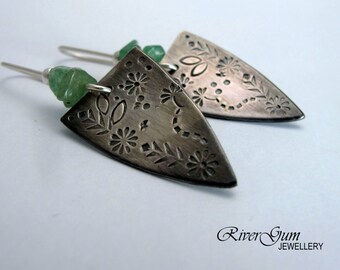 Aventurine Earrings, Aztec Earrings, Silver Triangle Earrings, Artisan Silver Earrings, Handmade Artisan Metalwork Jewelry