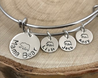 Mama Bear Bracelet, Custom Bangle Bracelet, Charm Bracelet, Custom Name Bracelet, Mothers Day Gift, Silver Gold Rose Gold Bracelet