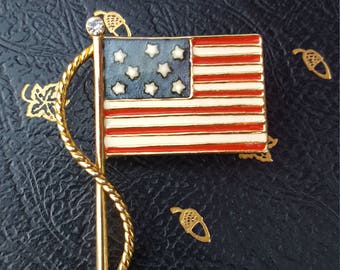 American flag pin rhinestone gold brooch costume jewelry