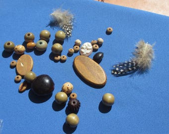 Lot Of Salvaged Boho Beads Cabochon Seeds Feathers