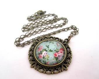 Flower Pendant Necklace, Brass Flower Necklace, Glass Blue Flower Pendant, Long Brass Chain, Long Brass Necklace, Flower Jewelry