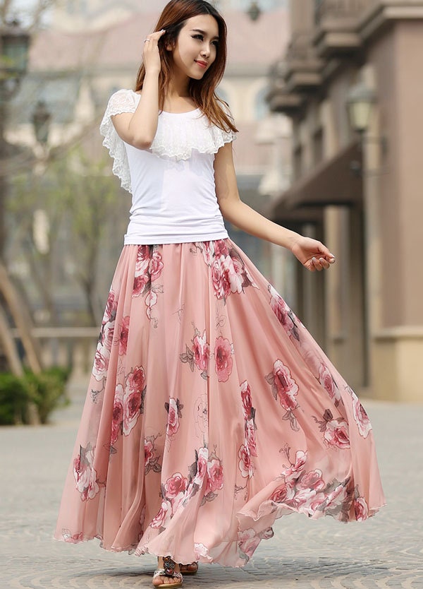 Chiffon skirt floral skirt maxi skirt long skirts for