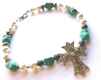 Turquoise, Pearl, Silvertone Beaded Vintage Cross Necklace, OOAK Choker Cross Necklace, Handmade Cross Necklace, Silver Cross with Beads