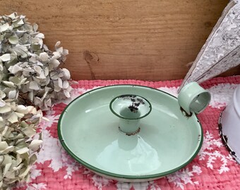 French Vintage Candle Holder - French Enamel Candlestick - Vintage Enamelware - Pale Green Enamel Candlestick