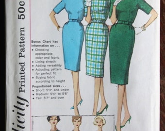 Early 1960s Simplicity Printed Pattern 3574 Sheath Dress, Bust 34