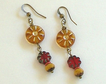 Gold and Red Czech Bead Boho Style Dangle Earrings by Carol Wilson of Je t'adorn