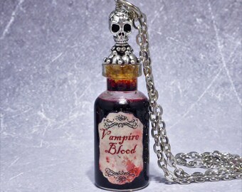 Vampire Blood Silver Skull Rose Necklace, Blood Vial Glass Necklace, Vampire Jewelry, Vampire Jewellery, Handmade Artisan Jewellery