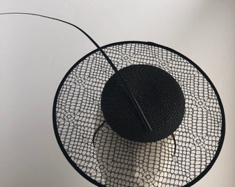 Black Lace Fascinator with Lace Netting with Ostrich Quill