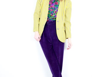 French Vintage 80's yellow striped Blazer Preppy Buttonned Vertical Stripes Patterned jacket Spring Summer Paris Vtg 1980s 90s / Size S M