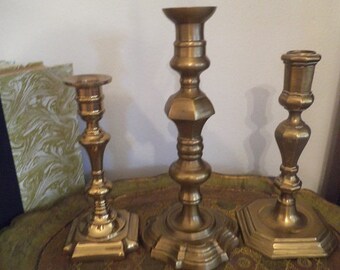 Vintage Grouping BOHO Brass Candle Sticks ~ 3 tall taper candle sticks ~ Mid Century