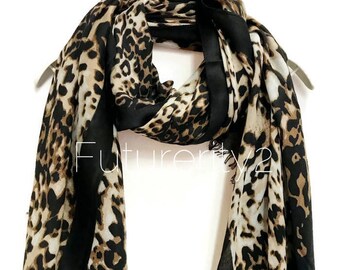 Leopard Print With Black Trim Cashmere Scarf / Summer Scarf / Autumn Winter Scarf / Gift For Her / Womens Scarves / Handmade Accessories