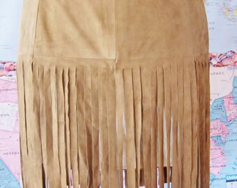 Suede fringe skirt, Fringe Leather skirt, tan suede skirt, Pocahontas skirt, size XL