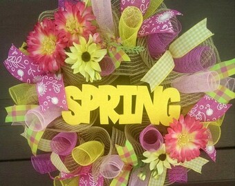 Front Door Wreath, Spring Wreath, Pink Wreath, Yellow Wreath, Flower Wreath, Floral Wreath, Spring Door Hanger, Spring Door Decor, Handmade
