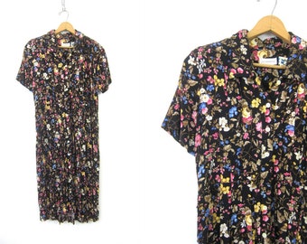 Boho 90s Floral Dress Button Front Midi Sun Dress Summer Short Sleeve Day Dress Black Frock Dress Flower Print Pattern Vintage Dress Medium