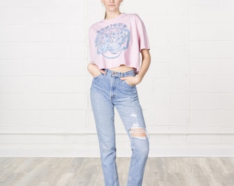CROPPED 90S TEE T SHIRT vintage women short sleeves flowers floral cute Bonjour / Free Size / Small Medium