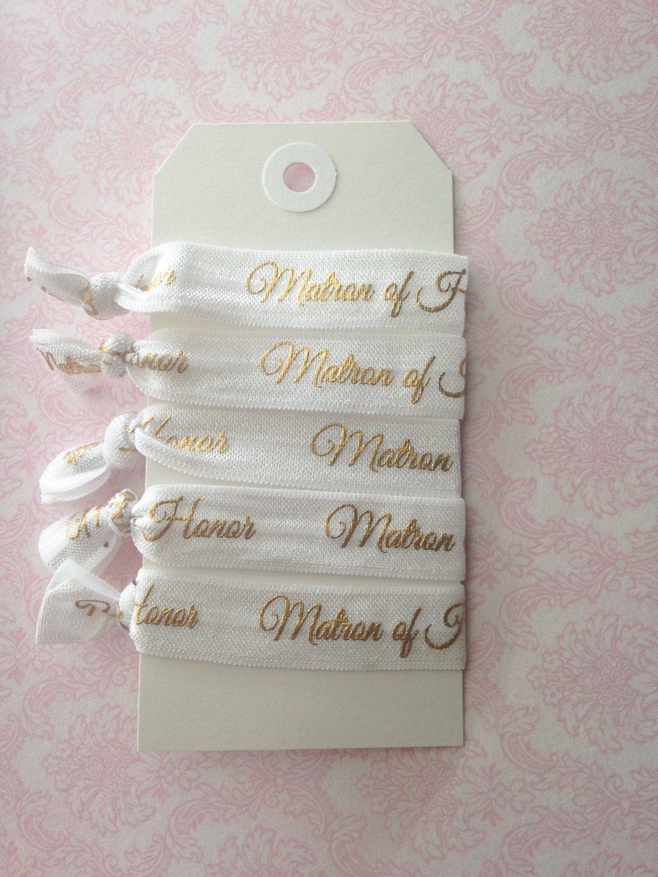 Handmade White and Gold Matron Of Honor Elastic Hair Tie Set